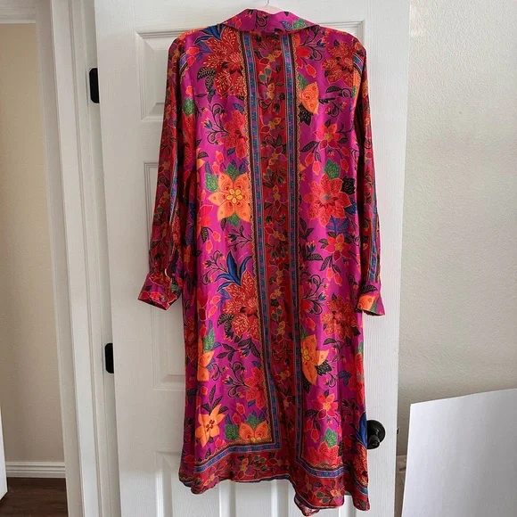 Farm Rio Tropical Tapestry Pink Long Sleeve Chemise Midi Dress - Picture 3 of 5